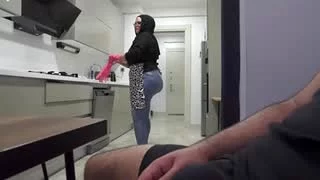 In hijab jerking in the kitchen