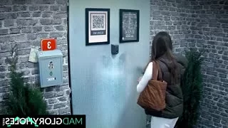 Giant with huge tits sucking through glory hole