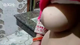 With natural tits fucking with owner in the kitchen